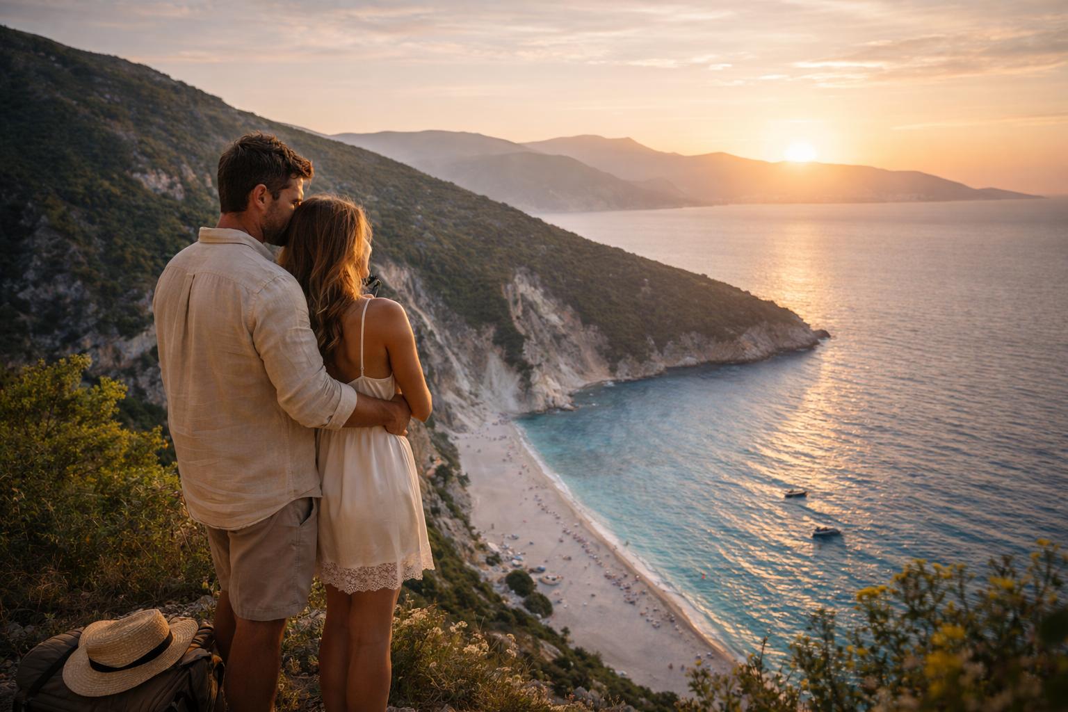 Zaljubljeni par posmatra zalazak sunca na plaži.