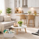 Lepo uređen stan sa kaučem, kuhinjom, hemijom za čišćenje i usisivačem.