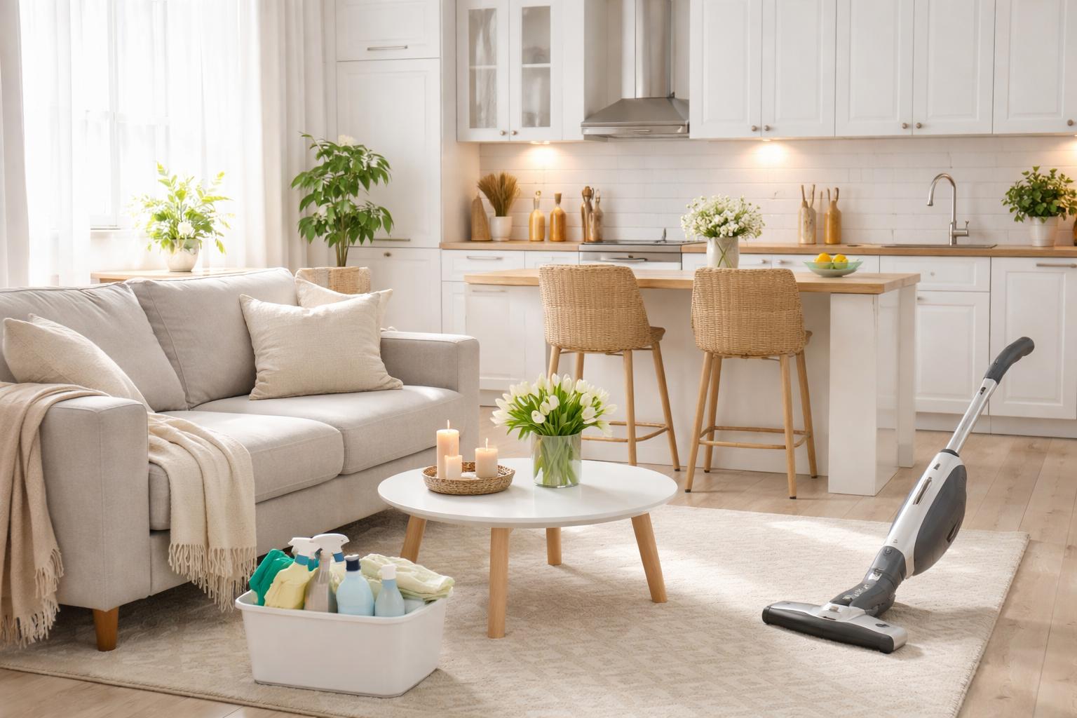 Lepo uređen stan sa kaučem, kuhinjom, hemijom za čišćenje i usisivačem.