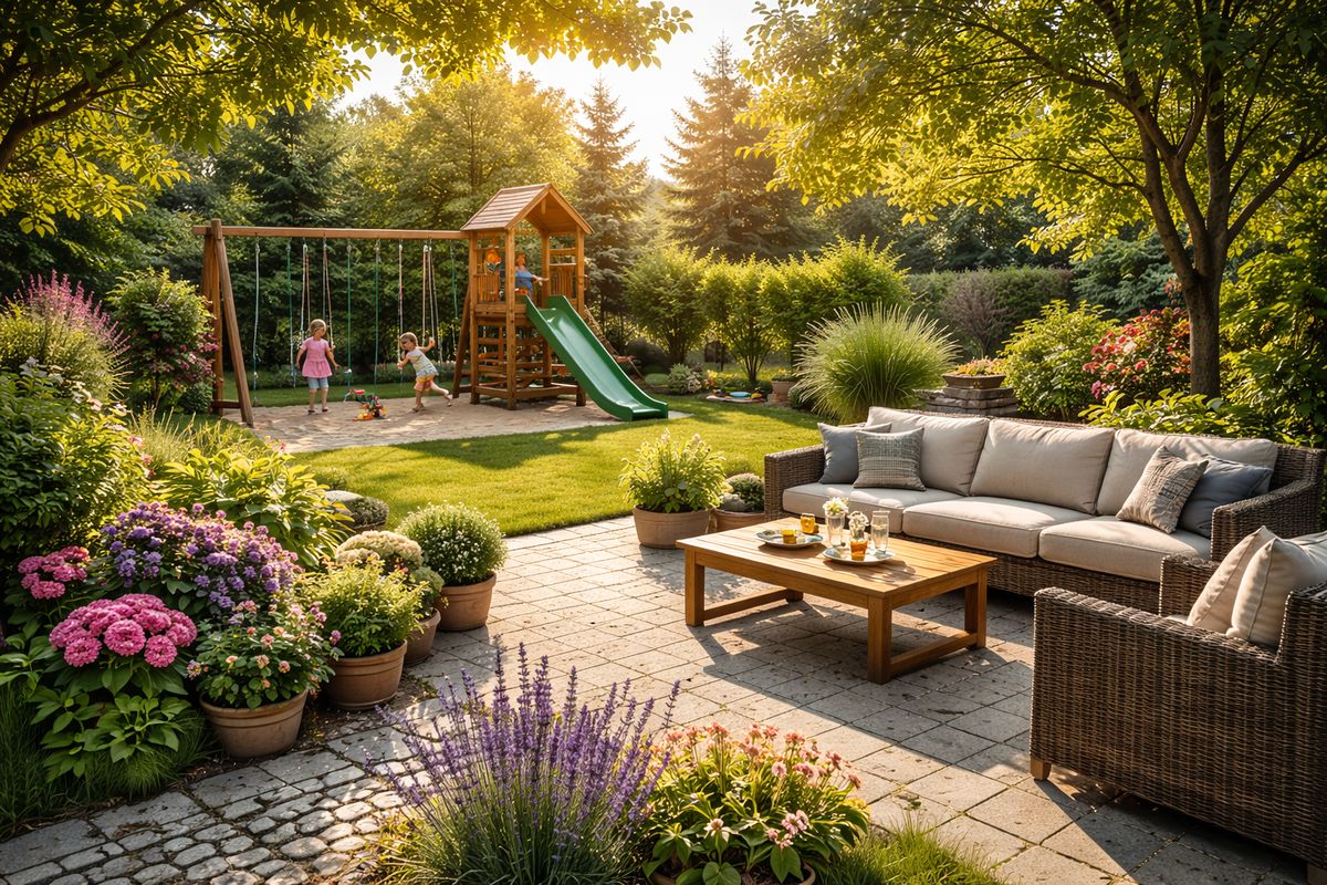 Lepo uređeno dvorište sa garnitorom za sedenje, ljuljaškama za decu i drvenim toboganom