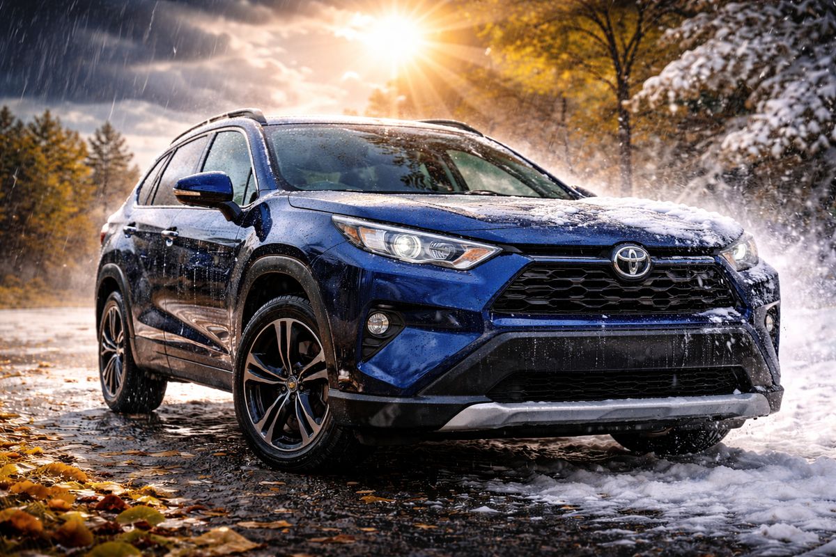 Prikaz raznih vremenskih uslova na plavom Toyota SUV automobilu