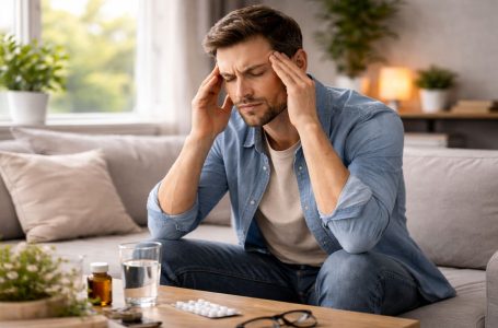 Čovek sedi na kauču i drži se za glavu