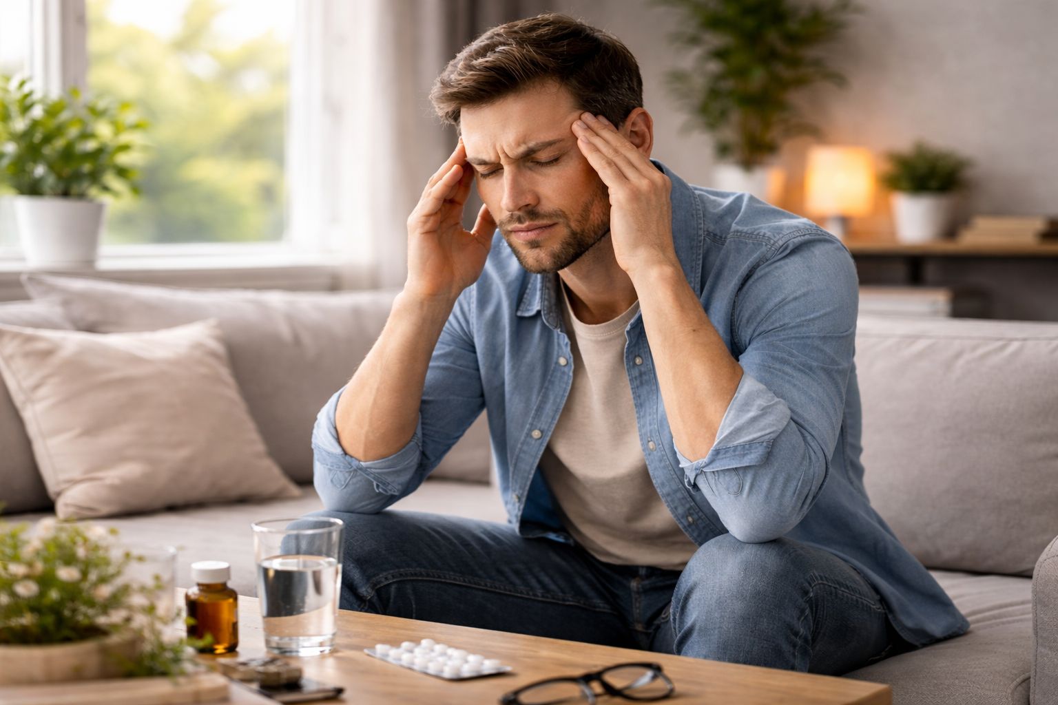 Čovek sedi na kauču i drži se za glavu