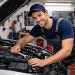 Nasmejani automehaničar popravlja auto.