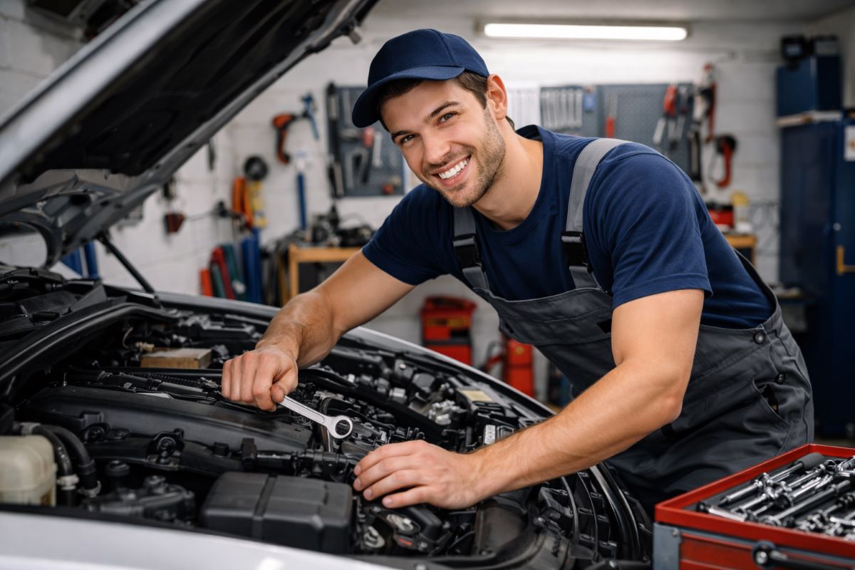 Nasmejani automehaničar popravlja auto.