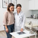 Lekarka u belom mantilu i žena stoje pored stola i gledaju tablet