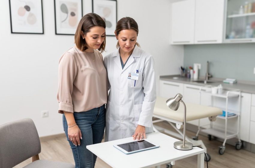 Lekarka u belom mantilu i žena stoje pored stola i gledaju tablet
