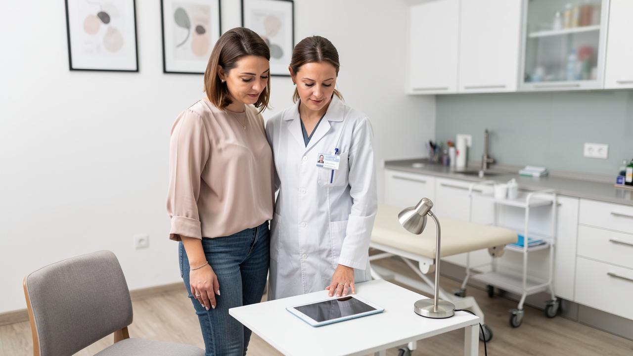 Lekarka u belom mantilu i žena stoje pored stola i gledaju tablet