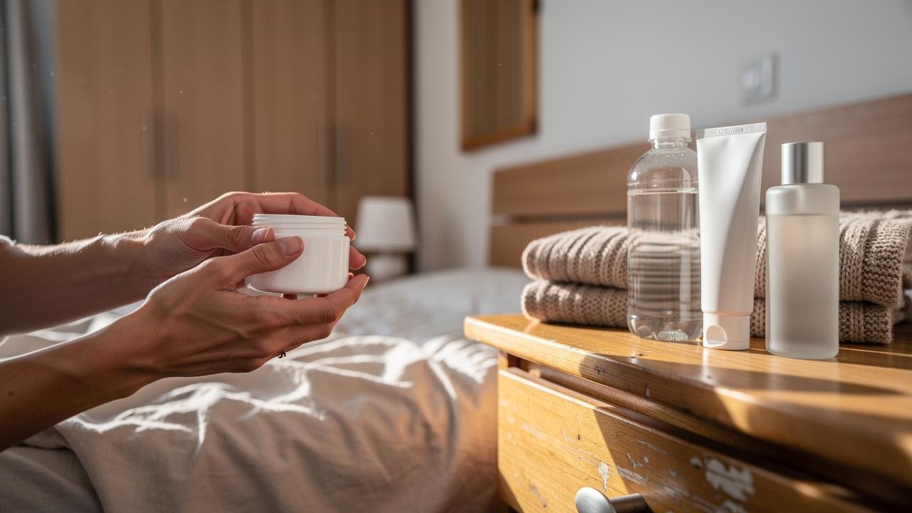 Ruke drže belu teglicu kreme pored boca i složenih peškira na noćnom ormariću