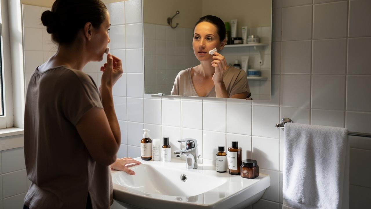 Žena nanosi kremu na lice koristeći vatu pred ogledalom u kupatilu