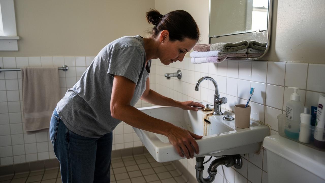 Žena se naginje nad umivaonikom i proverava rđu oko česme