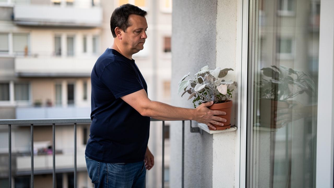 Muškarac na balkonu postavlja saksiju pored prozora