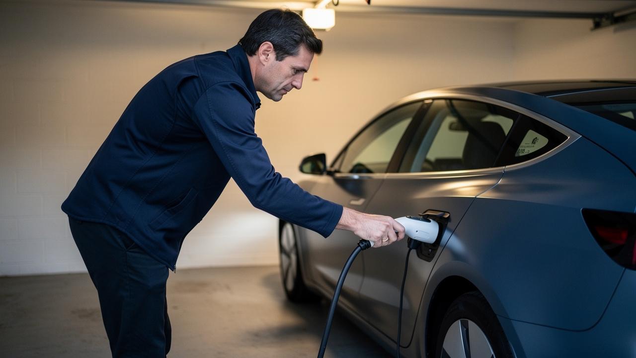 Muškarac priključuje punjač u električni automobil u garaži