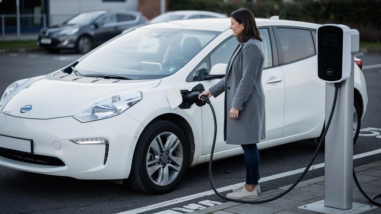 Žena priključuje električni automobil na stanici za punjenje