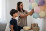 Žena kači pastelne balone na zid dok dečak posmatra pored torte i poklona