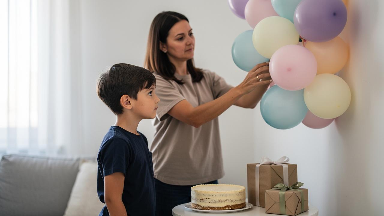 Žena kači pastelne balone na zid dok dečak posmatra pored torte i poklona