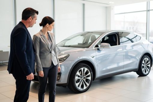 Muškarac i žena u odelima stoje pored srebrnog automobila u salonu