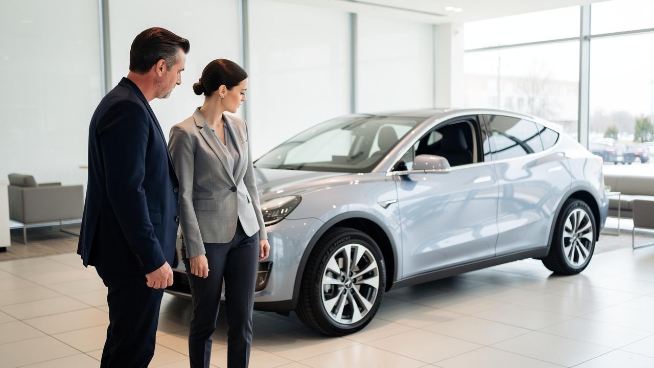 Muškarac i žena u odelima stoje pored srebrnog automobila u salonu