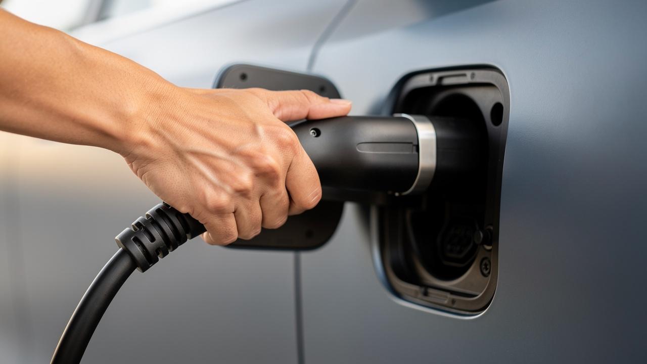 Ruka priključuje punjač u utičnicu električnog automobila